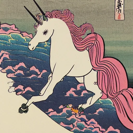 Image similar to A unicorn with rainbow color by Katsushika Hokusai