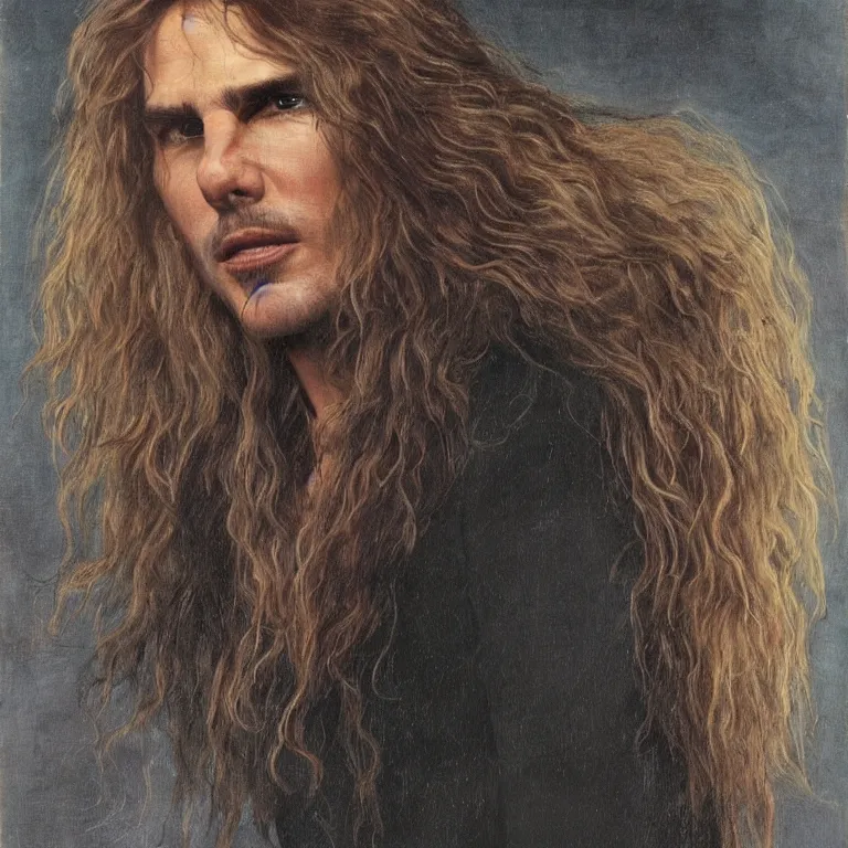 Image similar to Pre-Raphaelite portrait of Tom Cruise as the leader of a cult 1980s heavy metal band, with very long blond hair and grey eyes