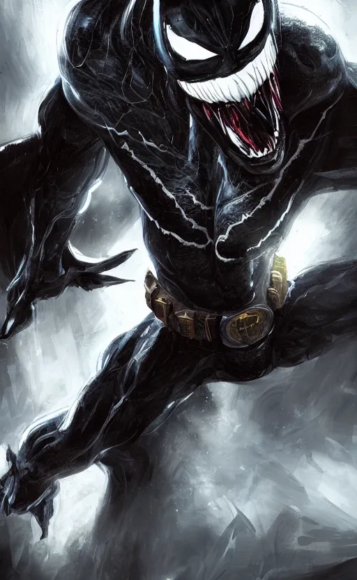 Image similar to venom as batman, dynamic lighting, photorealistic fantasy concept art, trending on art station, stunning visuals, terrifying, creative, cinematic