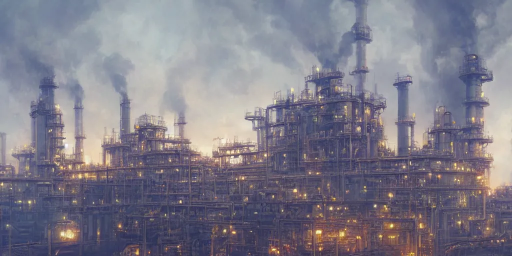 Prompt: detailed, gigantic refinery, smoke, torch, morning, science fiction, greg rutkowski, james gurney, artstation