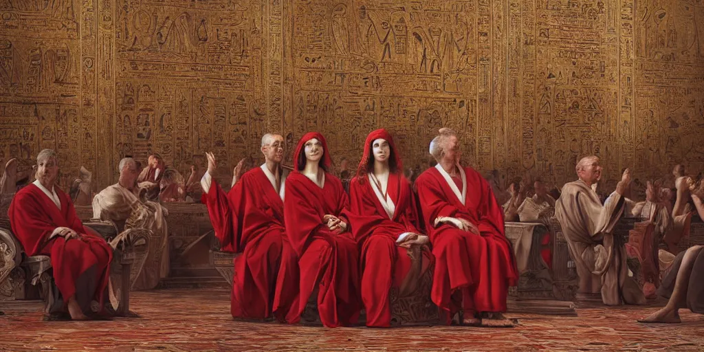 Image similar to beautiful oil matte portrait painting, ancient senators in red and white robes sit in tribunes, egyptian mosaic background, highly detailed, beautiful cinematic light deep focus, elegant, digital painting, smooth, sharp focus, golden ratio, dramatic illumination, art by aleksi briclot, rutkowski and caravaggio