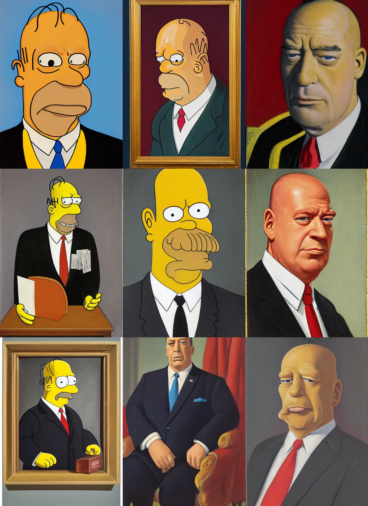 Prompt: official portrait of Homer Simpson, 36th President of the United States, 1963-1969. Portrait by James Anthony Wills. Oil on panel. White House Collection/White House Historical Association