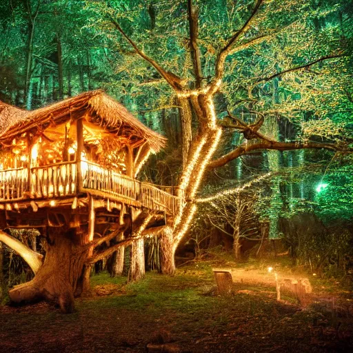 Image similar to a professional photograph of a treehouse village in a forest covered in fairy lights, HD, high quality, highly detailed, award-winning