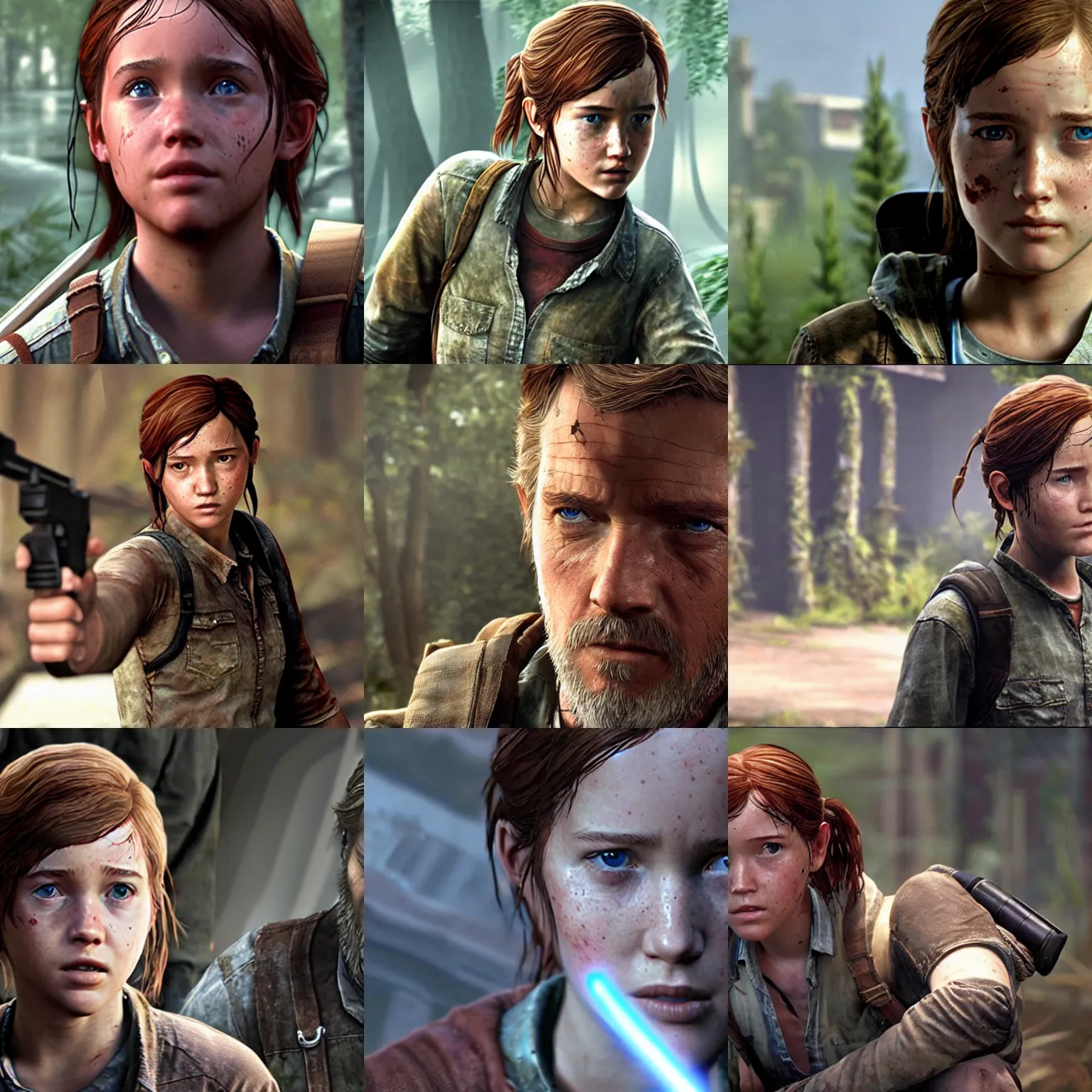 Prompt: Ellie from 'The Last of Us' as Obi-Wan Kenobi, film still from the Star Wars Prequels