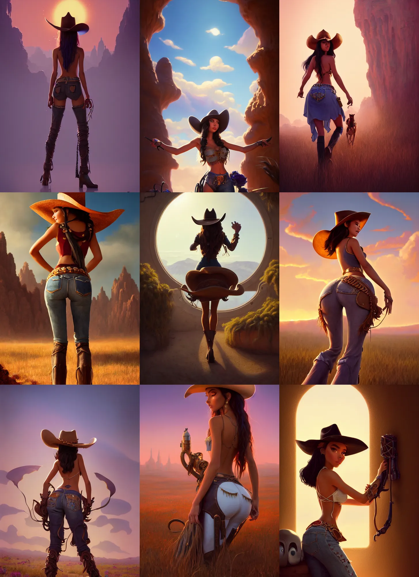 Prompt: madison beer cowgirl | behind | glamorous oily soft polished rich temptress ornate modern | weta disney pixar movie still photo | hi - fructose, sci fi fantasy, divine proportion, smooth, octane render, sharp focus, artstation, concept art | beeple, rhads, rutkowski, artgerm, mucha, wlop, loish |