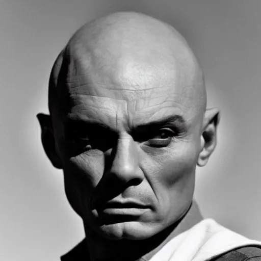 Image similar to a cinematic still of a disembodied head of Yul Brynner judging and scowling at the village that lives on the land below him