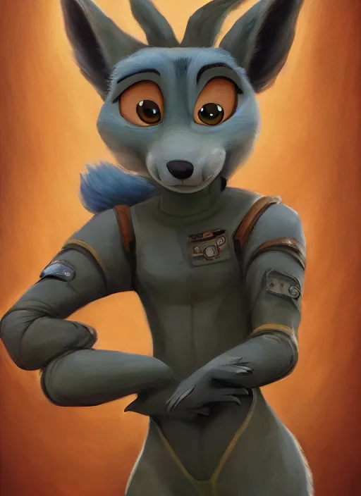 Image similar to oil painting detailed full body of anthromorphic female wolf, in style of zootopia, zootopia, zootopia, fursona, furry, furaffinity, 4 k, deviantart, furry art, fursona art, wearing astronaut outfit, in style of zootopia, wolf fursona, cyberpunk, female, expressive, detailed feminine face,