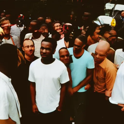 Image similar to photo of 10 white men surrounding one black man, cinestill, 800t, 35mm, full-HD