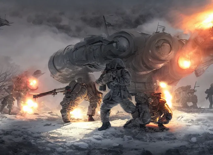 Image similar to still of soviet soldiers fighting against giant nazi monstrous robot in world war two eastern front setting, dieselpunk, winter concept art, artstation, stephen bliss, unreal engine, game screenshot