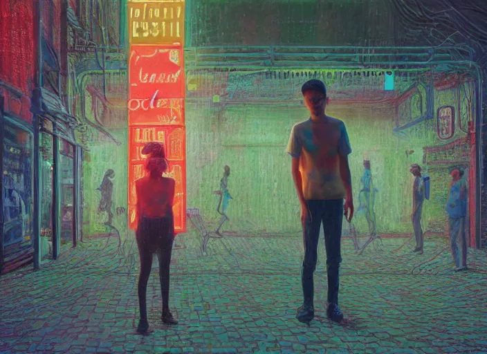 Image similar to people made of plastic and clay, neon advertisements, 3 d, exterior street, portrait face, dappled light, in the style of jeremy enecio, miles johnston, monet, cynical realism, yoshitaka amano, louise zhang, matt murphy, enes dirig, pekka halonen, finnish naturalism, realism