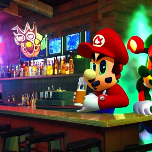 Image similar to an ultradetailed 3 d render of shadow the hedgehog and bowser sitting in a bar drinking beer, dive bar with a karaoke machine, volumetric lighting, 4 k, octane render, in the style of mario and sega