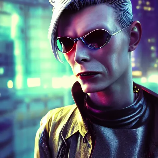 Prompt: cyberpunk david bowie, macro, vibrant, 30mm photography, realism artstyle, wide shot, dramatic lighting, octane render, hyperrealistic, high quality, highly detailed, artstation, HD, beautiful, cinematic, 8k, unreal engine, facial accuracy, symmetrical