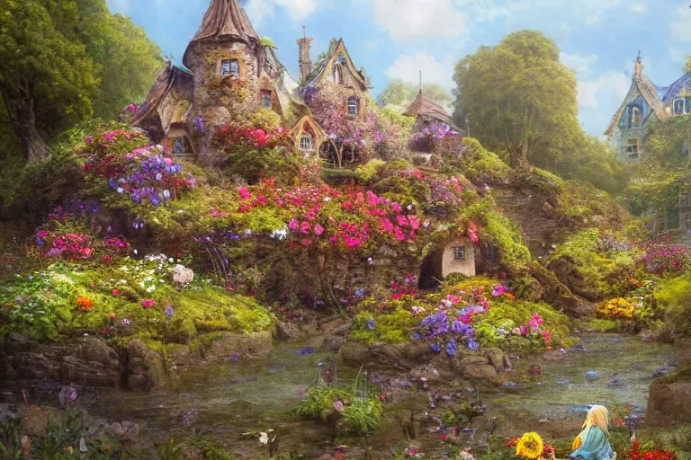 Image similar to wide angle view, a beautiful digital painting of a fairy rock house in a river, flowers, beautiful tranquil day, vivid colors, by greg rutkowski, brian froud, peter mohry, jean - baptiste monge, and alphonse mucha, symmetry, complementary colors, ink illustration, trending on artstation