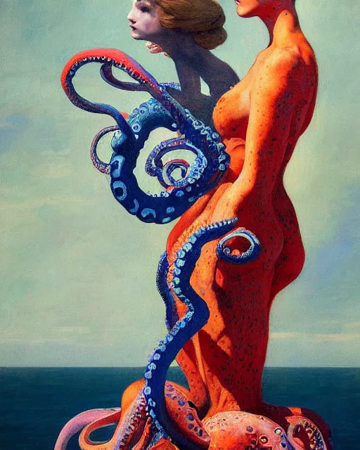 Image similar to a beautiful girl wearing a colourful octopus as a dress, painted by edgar maxence, edward hopper, wayne barlowe and james gilleard, airbrush, art by jamesjean