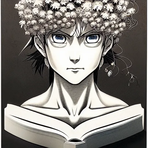 Image similar to Black and white fantasy characters, portrait face drawn by Katsuhiro Otomo, with shining face super detailed, small flowers and cables and wire around and on the side with artifacts and ancient book, intricate oil painting, soft light, white background, intricate detail, intricate oil painting detail, sharp high detail, manga and anime 2000