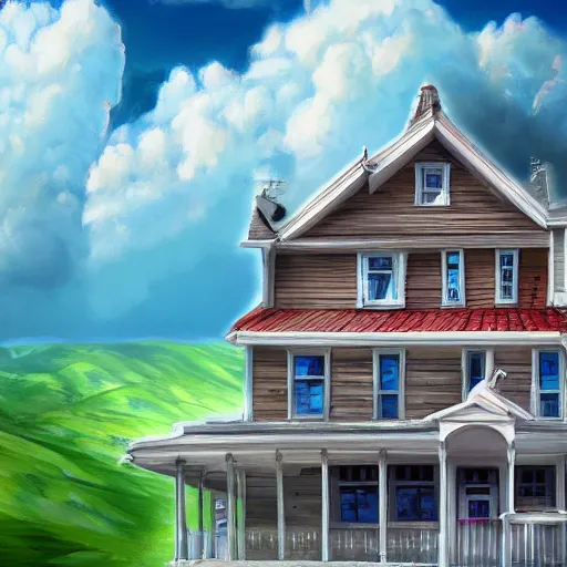 Prompt: A hyperdetailed digital oil painting of a house in the clouds,ladder,cartoon, Trending on ArtStation and DeviantArt