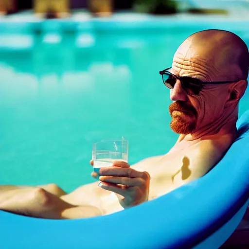 Prompt: photo of walter white relaxing in pool floater, cinestill, 8 0 0 t, 3 5 mm, full - hd