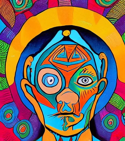 Image similar to Painting in a style of Alex Grey of a shaman dressed in a colorful traditional clothes. He is smoking a pipe