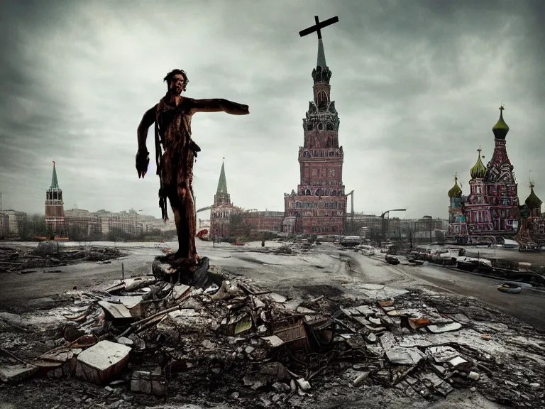Prompt: postapocalyptic picture of a crucified man in moscow, red square, destroyed kremlin, ruins around, nuclear explosion, erik johansson style, conceptual art, the last day on the earth, insane detail hyper realistic 8 k textured