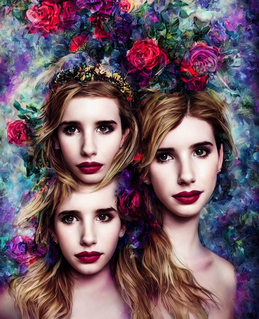 Prompt: young Emma Roberts as a goddess of black roses looking searchingly into your eyes. minute detail. blended shadowing. tricolors. ultra colorful. perfect lighting. perfect pose. amazing creative portrait illustration. the best portrait of a beautiful goddess in existence. large format image. image appears 3D.