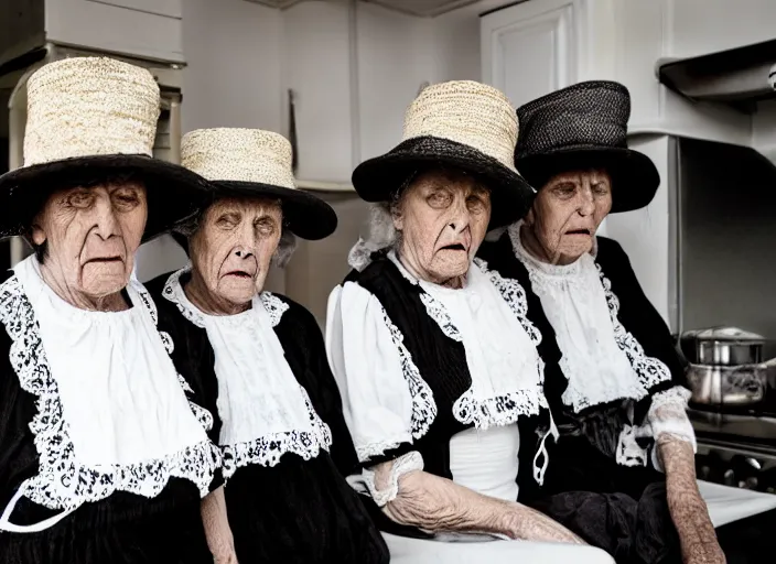 Image similar to close up of three old women from brittany with hats in white lace and dark folk costumes in a kitchen. they look visibly angry