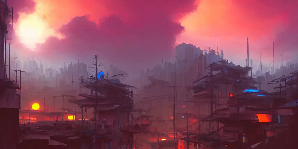 Image similar to Andreas Rocha painting of a cyberpunk African favela, hazy sunset with dramatic clouds, deep blues, wide angle lens, asymmetrical, trending on Artstation, High quality image