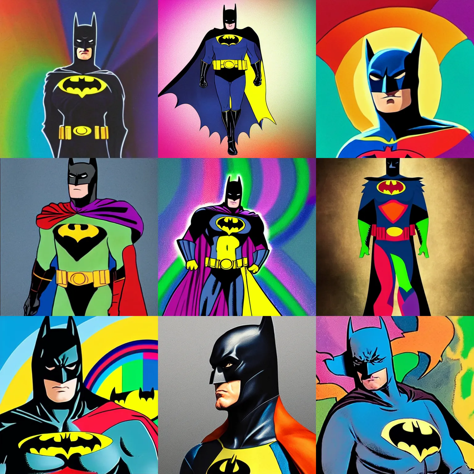 Prompt: batman wearing a new costume with rainbow colors