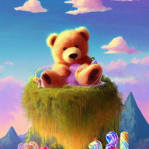 Prompt: a beautiful digital matte painting of an adorable teddy bear with fairy wings sleeping on a cloud, surrounded by candy and desserts, bright natural morning light, mountains river trees, pastel color palette, by andreas rocha and jeremiah ketner