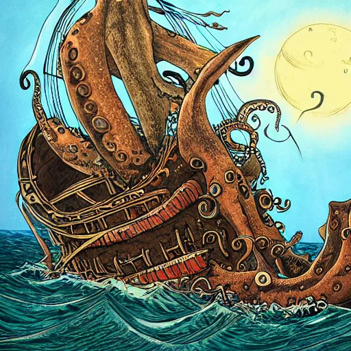 Image similar to a highly detailed illustration of a giant octopus eating a sinking pirate ship by Geiger