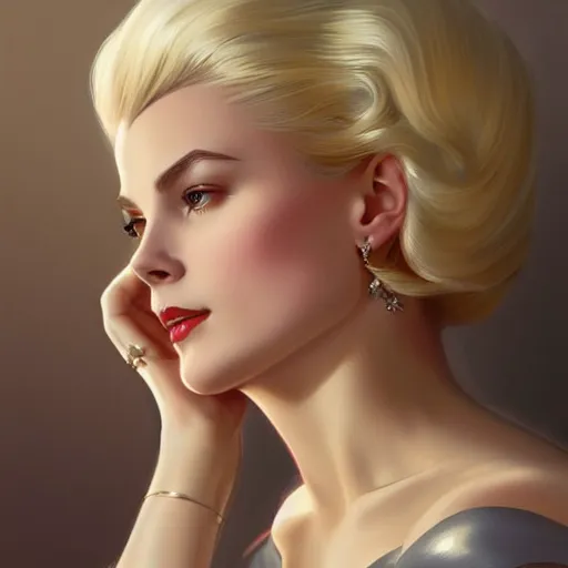 Prompt: Grace Kelly with platinum blonde hair as 2B, western, D&D, fantasy, intricate, elegant, highly detailed, digital painting, artstation, concept art, matte, sharp focus, illustration, art by Artgerm and Greg Rutkowski and Alphonse Mucha