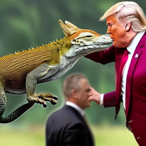 Image similar to donald trump fighting a giant fox - lizard