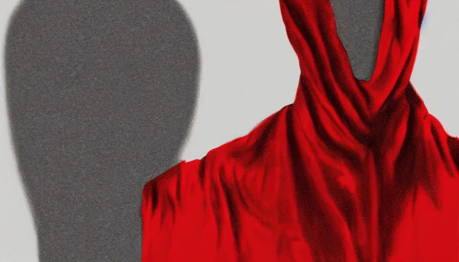 Image similar to portrait digital drawing of invisible man wrapped in red velvet sheet. surrounded by darkness