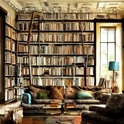 Image similar to dream-like livingroom with a lot of book all around the place, weird atmosphere, very detailed, poor light
