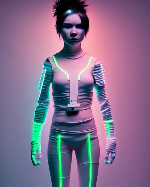 Image similar to full body shot of young punk woman dressed in futuristic cyberpunk clothing, soft neon diffused light, bjork aesthetic, translucent, by rineke dijkstra and artgerm, intricate details, highly detailed, masterpiece, 8 5 mm