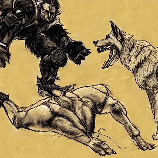 Image similar to a humanoid german shepherd beast - man wrestling with another german shepherd in the middle of an arena, pencil art, added detail, high definiton, colored, aerial viewyoji shinkawa