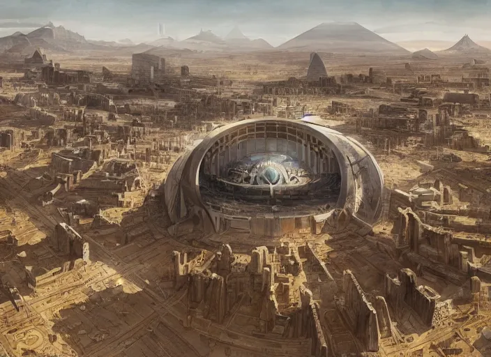 Image similar to Wide shot of Futuristic Sprawling desert megalopolis encircled by mountains and bordered by a shield wall, made of brutalist stone with a futuristic pyramid in the center, by greg rutkowski