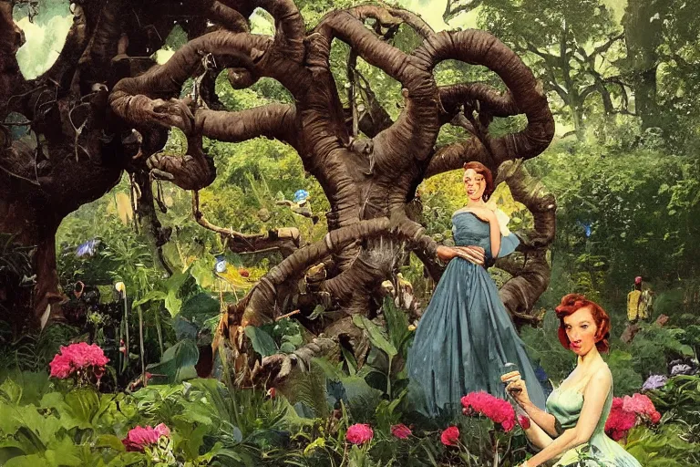 Prompt: 5 0 s pulp scifi illustration, elegant woman in beautiful english country garden, flowers, baobab trees, country mansion, spacehip lands, by norman rockwell, jack kirby, john berkey, bergey, craig mullins, ruan jia, raymond swanland, jeremy mann, beksinski, tom lovell, alex malveda, schomburg