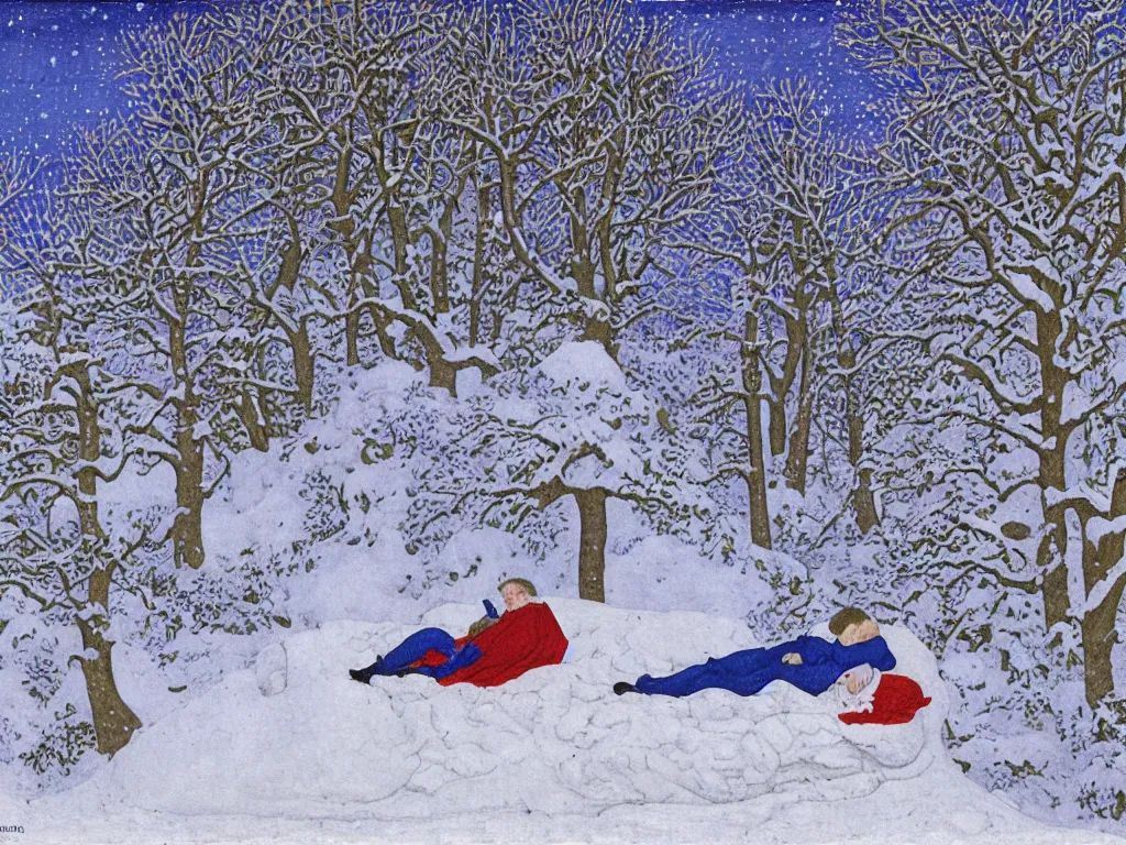 Image similar to portrait of a man sleeping in the snow. painting by limbourg brothers