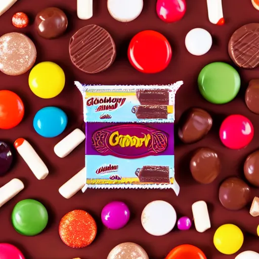 Image similar to chocolate candy bar packaging, 9 0 s style, very appealing, marketing photo