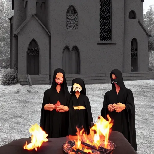 Prompt: cultists in black robes surround a stove, realistic, gothic, black masks, magical, realistic