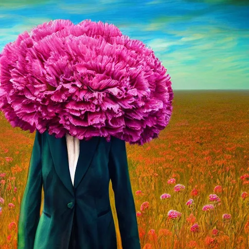 Image similar to giant carnation flower head, frontal, girl in a suit, surreal photography, sunrise, dramatic light, impressionist painting, digital painting, artstation, simon stalenhag