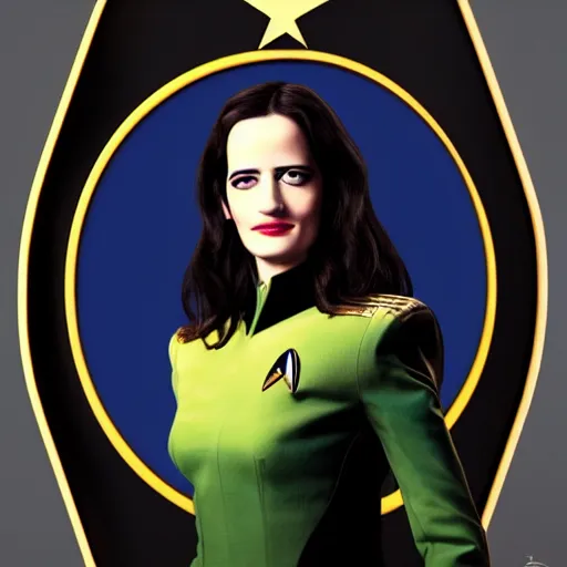 Prompt: a full body portrait of eva green as a star fleet officer from star trek next generation, ultra rendered, extreme realism and detail, 8 k, highly detailed, realistic, completely framed, hyper realistic, colorful, direct lighting, 3 5 mm photo, photorealistic, sharp focus