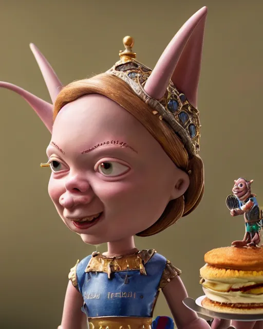 Image similar to highly detailed closeup, face profile portrait of a tin toy greta thunberg as a medieval goblin eating cakes in a castle, bikini, depth of field, nicoletta ceccoli, mark ryden, lostfish, dan decarlo, bob clampett, max fleischer, detailed and intricate environment, 8 k resolution, hyperrealistic, octane render