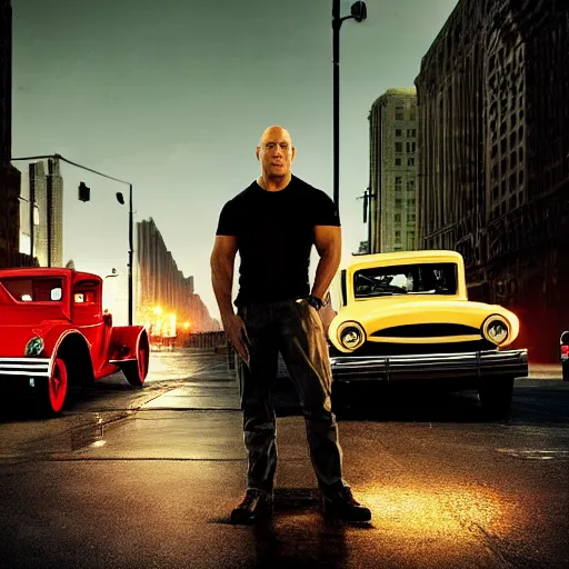 Prompt: very closeup photo of vin diesel as tommy angelo standing near ford model t, chicago 1 9 3 0, night, volumetric lighting, ultra realistic, highly detailed, cinematic, art by jan urschel and neil blevins