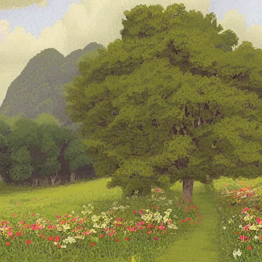 Prompt: An illustration of a beautiful landscape, with delicate brushstrokes. peaceful & serene summer, with a gentle breeze blowing through the trees and flowers. colors are muted & gentle, calm & tranquility. well balanced & harmonious. color & composition, pleasing to the eye & calming to the soul. pixel art by Albrecht Anker, by Greg Rucka casual,