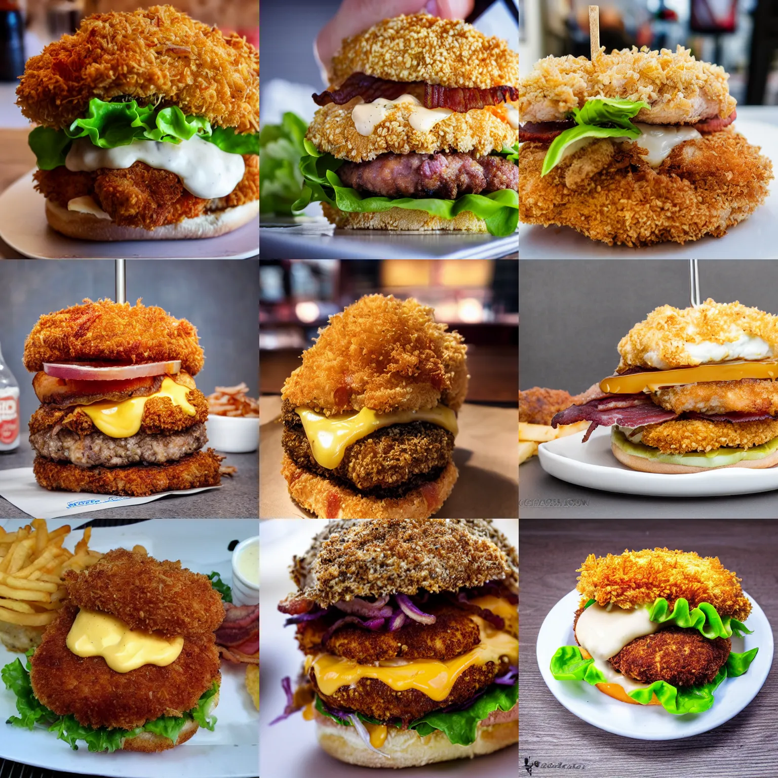 Prompt: monsterous chicken breaded in panko on a burger with crispy bacon, cheddar, caramelized onion and tartar sauce, large mouth, sharp teeth, long tongue, photography, realistic, highly detailed, 8 k hd