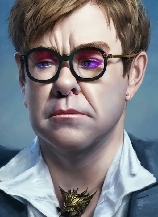 Image similar to Elton John, headshot, painted fantasy character portrait, D&D, highly detailed, digital painting, artstation, sharp focus, art by artgerm and greg rutkowski and alphonse mucha and magali villeneuve
