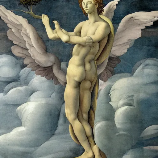 likable-gaur341: A oil-painting of a fallen angel falling in the sky in  michelangelo's style