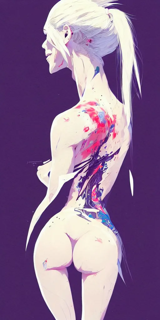 Image similar to a ultradetailed beautiful back painting of a stylish woman with white hair in a short pony tail, she is wearing jeans, by conrad roset, greg rutkowski and makoto shinkai trending on artstation