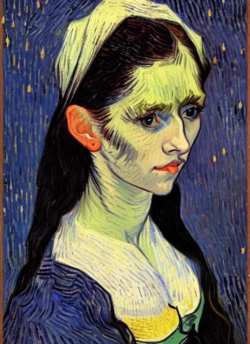 Prompt: portrait of a woman with long black hair, detailed beautiful face in painting, detailed beautiful portrait, expressionist oil painting masterpiece, 8 k resolution, smooth, sharp focus, pastel color palette, trending on artstation, by van gogh
